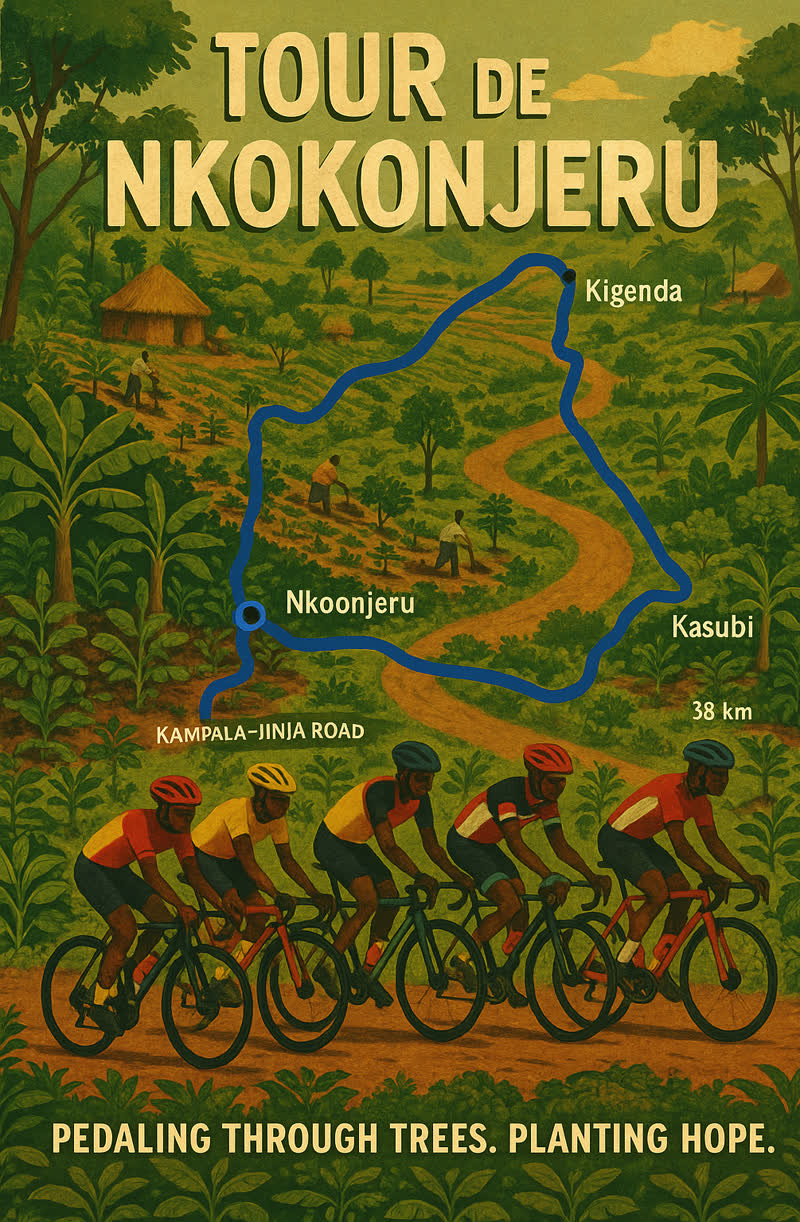 Tour de Nkokonjeru poster: a 38 km loop from Nkokonjeru through Kigenda and Kasubi. Pedaling through trees, planting hope.